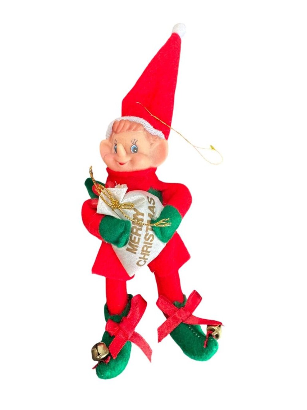 Vintage Knee Hugger Elf Ornament Red Green Jingle Bells Merry Christmas 6" - Picture 3 of 6
